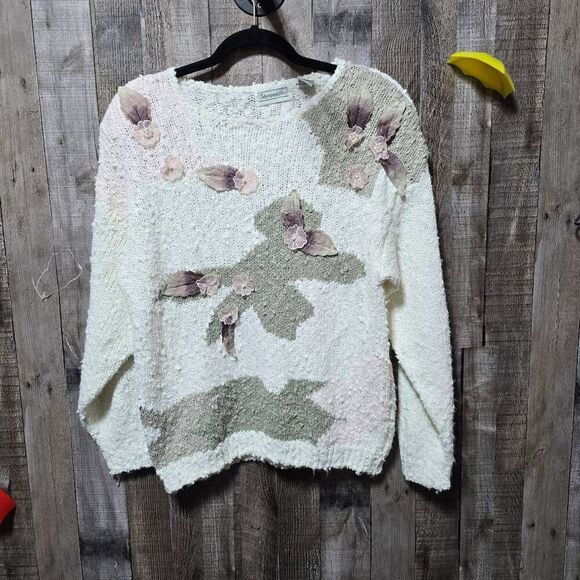 Vintage Shenanigans Boucle Knit Sweater Cream w/Pastel Floral Appliqués - Picture 1 of 4